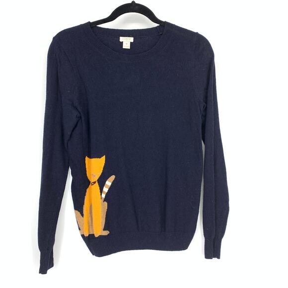 J. Crew Factory Sweaters - J.Crew Factory Crew Neck Sweater Womens Sz M Navy Blue Cat Graphic Wool Blend